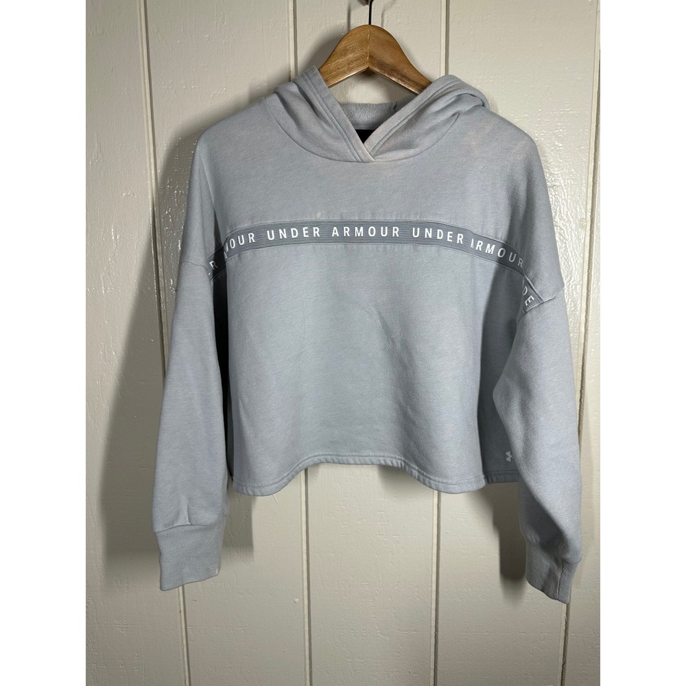 Under Armour Hoodie Women Medium Blue Crop Pullover Loose Branded Tape 7580